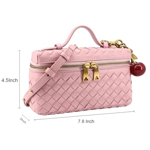 Image of Small Woven Box Crossbody Bags for Women Designer Leather Mini Top Handle Clutch Purse Square Vanity Bag with Cherry Charm