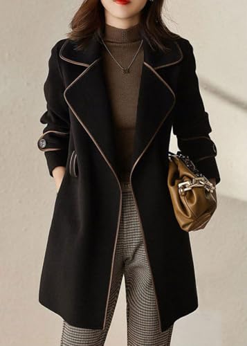 chouyatou Women's Winter Elegant Lapel Open Front Wool Coat Wool Blend Trench Pea Coat with Belt3