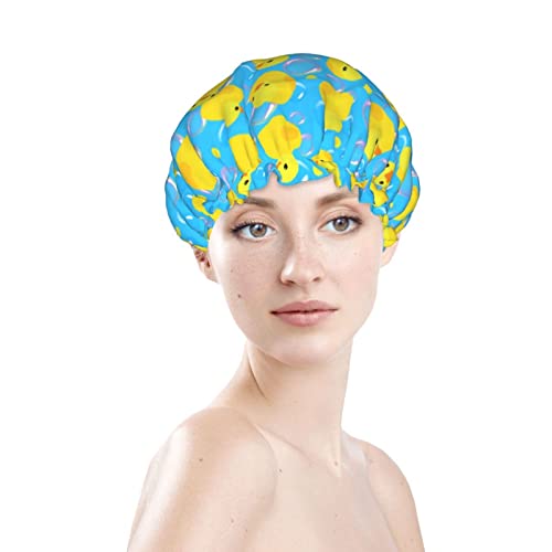 Image of Yellow Rubber Ducks Shower Cap For Women Adjustable Double Waterproof Layers Bathing Shower Hat Hair Protection Reusable Ladies Spa Salon Shower Hat