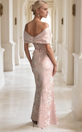 Jacquard Satin Mermaid Prom Dress Off Shoulder Bodycon Formal Evening Dress with Big Bow ZD2582