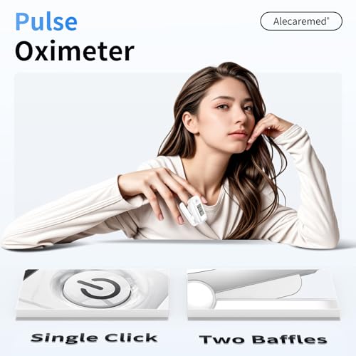 Image of Alecaremed YM504 Pulse Oximeter, 4 Color TFT-OLED 20 x Memory Oxygen Monitor Fingertip, Blood Oxygen Saturation Monitor with Alarm, Batteries and Lanyard (White)