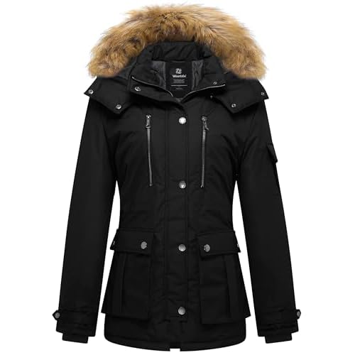 Wantdo Women’s Quilted Winter Coat Faux Fur Hooded Puffer Jacket Ladies Warm Padded Parka Waterproof Windproof Outerwear