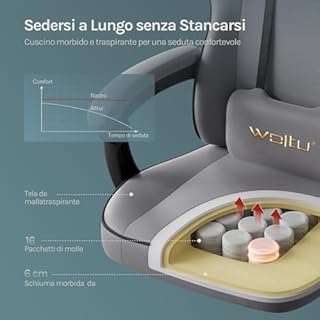 WOLTU Sedia Gaming, Ampia Sedia da Ufficio Ergonomica Imbottita con Cuscino a Molla, Alta Capacità di Carico, Poltrona per Computer con Schienale Alto e Poggiapiedi, Tessuto a rete, Grigio, GS11gr