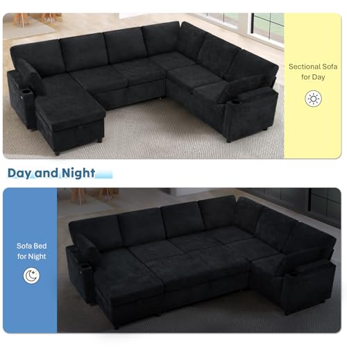 Image of 110 inch Chenille Sectional Sofa w /Pull Out Bed & Storage Chaise, Black | Reversible U Shape Sofa w /Storage Armrests & Cup Holders, Corner Couch w /USB Charging Port & Throw Pillows for Living Room
