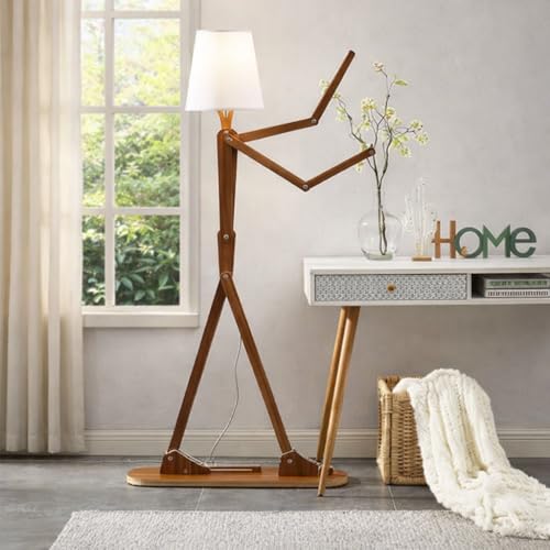 Image of Modern Wooden Adjustable Swing Arm Floor Lamp with Fabric Shade | Nordic Designer Standing Light for Living Room, Bedroom & Office | Walnut Finish Decorative Lighting