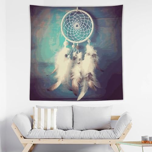 Tapisserie attrape-rêves plumes blanches en tissu pour déco murale de chambre