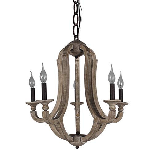 DOCHEER Cottage Vintage 5-Light Wood Metal Chandeliers 10137 Shabby Chic Wooden Chandelier Foyer Lighting for Home Decor Dining Room, Bedroom, Living Room, Kitchen Island, Bathrooms,Hallway
