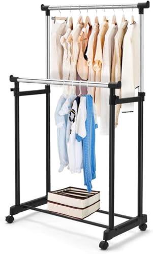Image of Double Pole Telescopic Clothes &Shoe Rack Folding With 4 Wheels Stand Hanger Garment Drying Rack Multipurpose Portable Storage Laundry Fordable Single And Stand For Indoor Outdoor