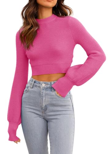 Image of Womens Sexy Crew Neck Cropped Sweaters Knit Long Sleeve Crop Tops Pullover | Ribbed Knit, Long Sleeve, Crop Tops, Pullover,Crew Neck