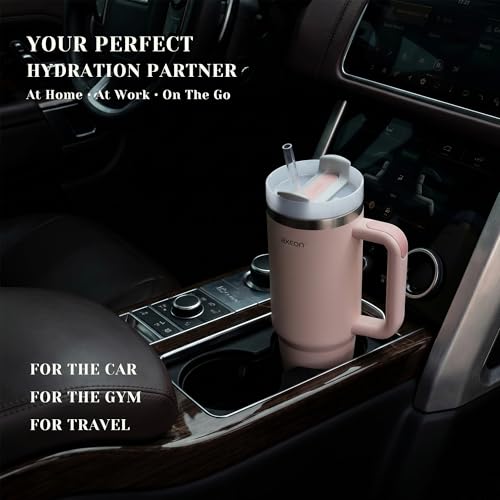 Image of AXEON Stainless Steel Tumbler with Handle & Straw - 900ml | Double Wall Vacuum, Reusable & Leak-Proof Stanley Sipper | Travel Coffee & Cold Drink Cup for Gym, Office & Travel, Rose Colour