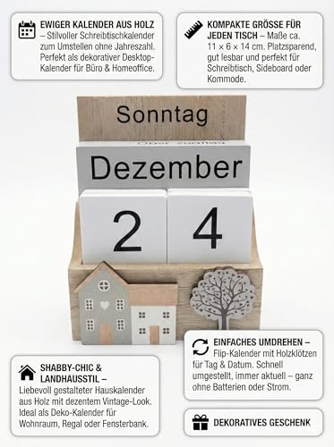 Ewiger Kalender aus Holz Shabby Chic – Schreibtischkalender & Desktop-Kalender zum Umstellen, Deko Hauskalender im Landhausstil by khevga