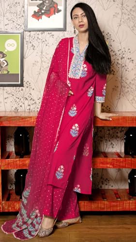 Image of GoSriKi Women's Cotton Blend Straight Hand Block Printed Kurta with Pant & Dupatta | Ethnic Wear for Women | Indian Casual Office Daily Summer Outfit