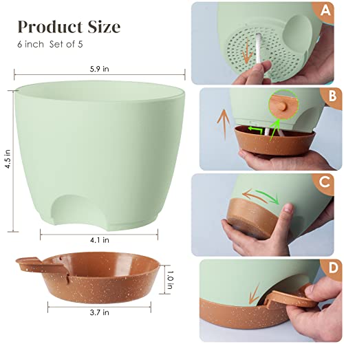 Jofamy 6 Inch Planter Pots, 5-Pack Self Watering Planters For Indoor Outdoor Plants, Plastic Plant Pots Set With Drainage Hole, Decorative Mint Green Flower Pots For All House, Garden Plants #TOP1