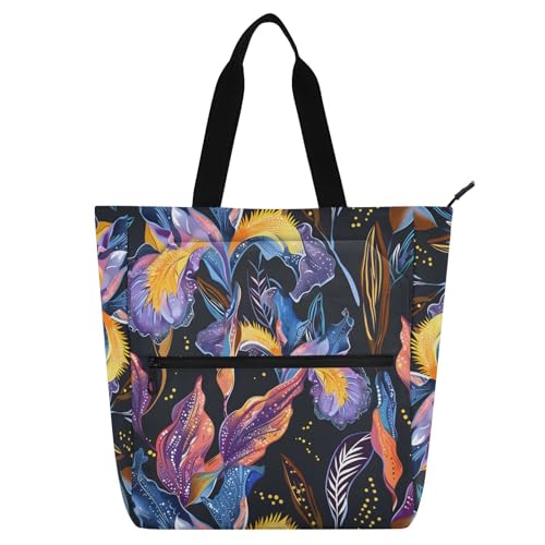 Iris Flower Bohemain Boho Tote Bag for Book Lovers Reusable Bags with Zipper Pocket for School Work Shopping