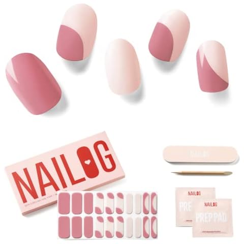 NAILOG Semi Cured Gel Nail Strips 20 Pcs French Tip Gel Nail Stickers | Buy 2 Get 1 UV Lamp| Extra Long Nail Wraps with Glossy Gel Finishing | Audrey Cover