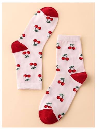 SHENHE Women's Cute Cherry Socks Kawaii Coloblock Knitted Crew Stockings Breathable Above Ankle Socks2