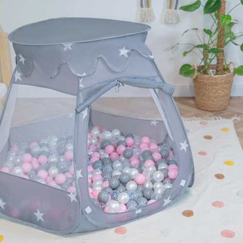 Selonis Baby Spielzelt Mit Plastikbällen Zelt 105X90cm/100 Bälle Plastikkugel Kinder, Grau:Perle-Grau-Transparent-Puderrosa