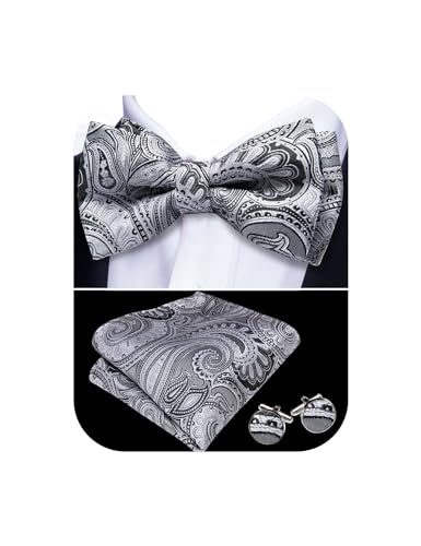 Image of Barry.Wang Paisley Striped Bow Tie for Men Silk Pre-Tied Bowtie Pocket Square Cufflinks Set Formal Wedding Party Prom
