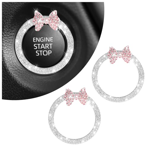 2PCS Pink Bow Car Engine Start Button Cover,Bling Cute Car Push to Start Button Cover Decoration Ring with Rhinestone,Cars Starts Buttons Covers Pink Bow Cars Accessories