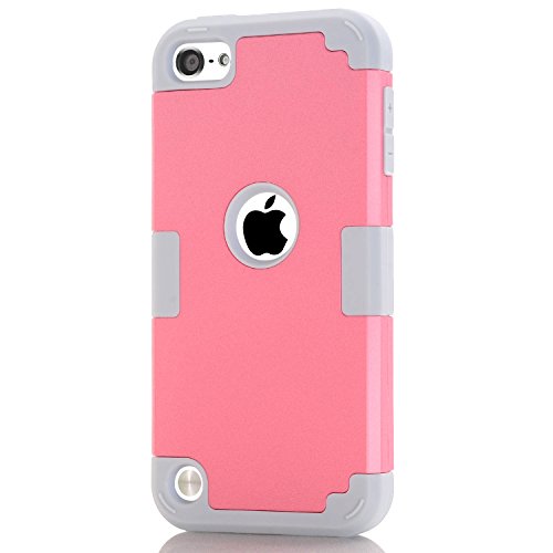 Case For Ipod Touch 5 Case For Ipod Touch 6 Case, Dual Layered Hard Pc Case + Silicone Shockproof Heavy Duty High Impact Armor Hard Case Cover For Apple Ipod Touch 5 6Th Generation (Pink+Gray) #TOP2