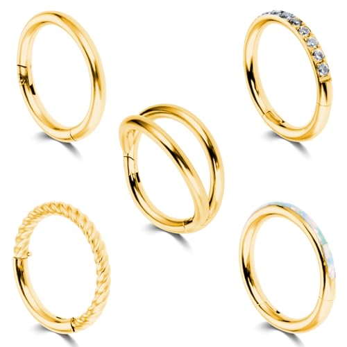 Lusofie 5Pcs 18G Hinged Nose Rings Gold Nose Rings Hoops Septum Ring Clicker CZ Tragus Cartilage Double Nose Ring Nose Body Piercing Jewelry for Women Men(8MM)