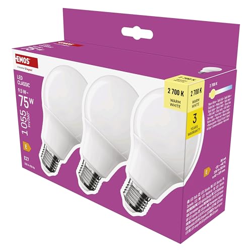 EMOS LED Lampe A60-Birne 3er Pack, 9,5W Ersatz für 75W Glühbirne, klassische Birne mit E27 Sockel, Helligkeit 1055 lm, Warmweiß 2700 K, 30000 h Lebensdauer, CRI min. 80, 180° Abstrahlwinkel
