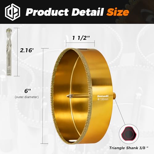 Image of 6 Inch Serrated Diamond Hole Saw with 2Pcs Removable Pilot Bits, Easy-Align for Precise Drilling in Porcelain, Ceramic, Granite, and Marble (6 inch Tile Drill Bit)