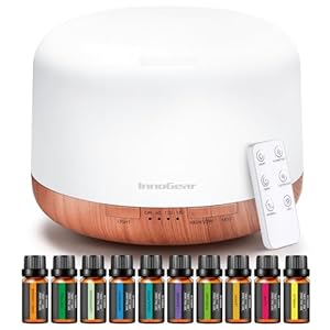 InnoGear Aromatherapy Diffuser & 10 Essential Oils Set, 500ml Essential Oil Diffuser with Remote Control Ultrasonic Cool Mist Scent Humidifier Vaporizer Auto-Off Timer for Room Office Home, Yellow
