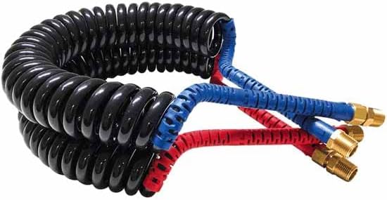 15 Foot Kink-Repairing 70MM Diameter Air Brake Coiled Hoses with 4 Inch Blue and Red Grips - Pair