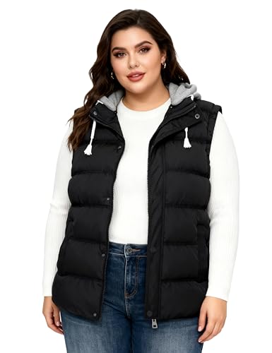 wantdo Women's Plus Size Puffer Vest Quilted Warm Winter Vest with Removable Hood Black 3X