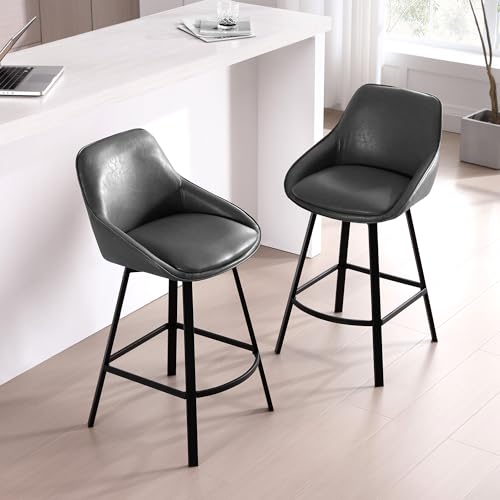 Image of Zesthouse Swivel Bar Stools Set of 4, 26 inch Modern Counter Height Bar Stools with Low Backs, Upholstered Faux Leather Bar Chairs for Kitchen Counter, Dark Grey Island Chairs with Metal Legs