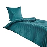Traumschlaf Mako-Satin Bettwäsche Stripe 135x200 cm – Edle Satin Bettgarnitur aus 100% Baumwolle, Glatte & glänzende Premiumqualität mit Ton-in-Ton Streifen – 240x220 cm + 2X 80x80 cm, Petrol
