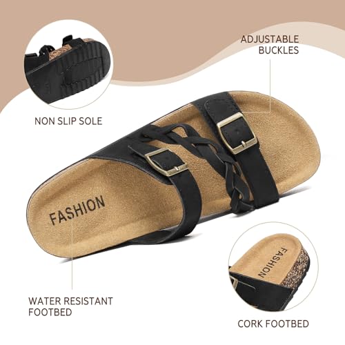 Women's Cork Footbed Sandals with Arch Support Comfortable Adjustable Straps Braided Sandal with Double Buckles, Non-Slip Slip-On Slide Sandals for Summer Water Resistant Slides Footwear2