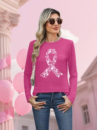 Breast Cancer Shirts for Women Breast Cancer Awareness T-Shirt Pink Ribbon Long Sleeve Tee Tops2