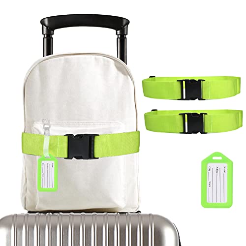 Image of 2pcs Adjustable Luggage Straps and 2pcs Travel Suitcase Tags Identifiers, Reusable Over Handle Luggage Strap Set Travel Belt for Airport Traveling Business Trip (Green)