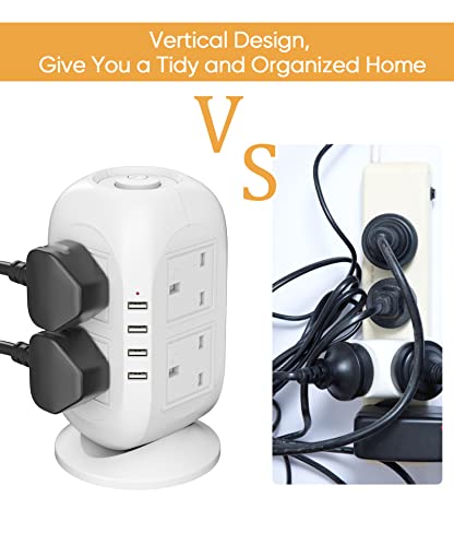 【5M】VANPOO Tower Extension Lead with USB 5M, Vertical Desktop Power Strip Tower with 8 Outlets and 4 USB Ports, Switched Charge Station and surge protected extension lead with 5M Cable for Home Office - Afbeelding 5