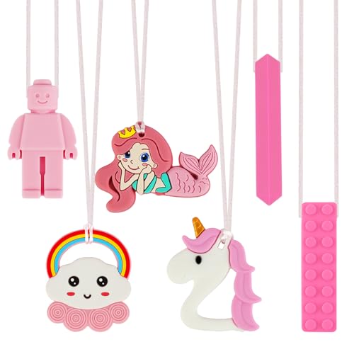 HOTUT Collar Mordedor de Silicona, 6PCS Masticar Collar, Autismo Masticar Colgante, Mordedor Silicona, para Niños con TDAH, Dentición, Autismo, Necesidad de Morder (Rosa)