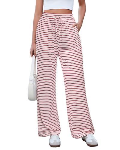 GRAPENT Striped Wide Leg Pants Woman High Waisted Pull On Elastic Waist Casual Lounge Comfy Loose Fit Pants with Pockets