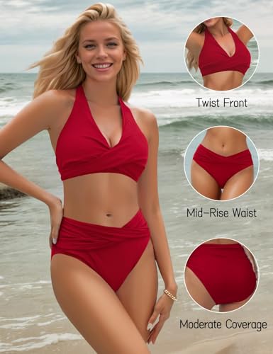 Image of Sopliagon Women's Bikini Sets Twist Front Two Piece Swimsuit Halter Bathing Suit