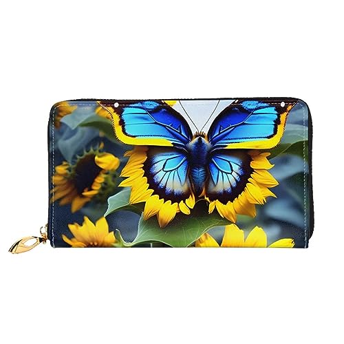 Portefeuille voyage grande capacité zippé motif papillon bleu et tournesol