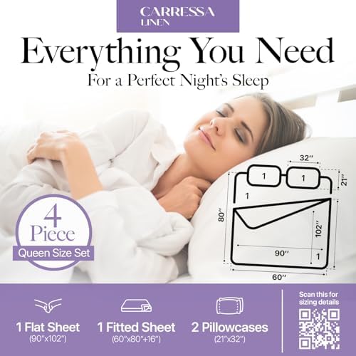 Carressa Linen 100% Egyptian Cotton Queen Sheet Set - 600 Thread Count Egyptian Cotton Queen Sheets Set (4 PC, Crisp White), Ultra Soft, Cooling, 16" Deep Pocket Sateen Weave Luxury Hotel Bed Sheet - Thumbnail 3