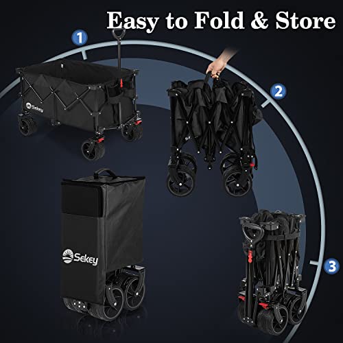 Sekey Collapsible Foldable Wagon With 220Lbs Weight Capacity, Heavy Duty Folding Utility Garden Cart With Big All-Terrain Beach Wheels & Drink Holders. Black #TOP6