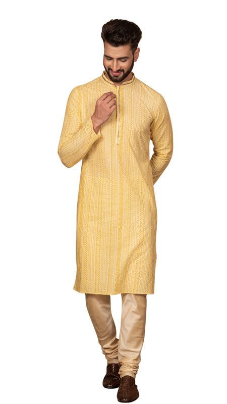 Kisah Men's Kurta Churidar Set, Yellow Cotton Blend, Printed Regular Fit Mandarin Collar Long Sleeves (42)