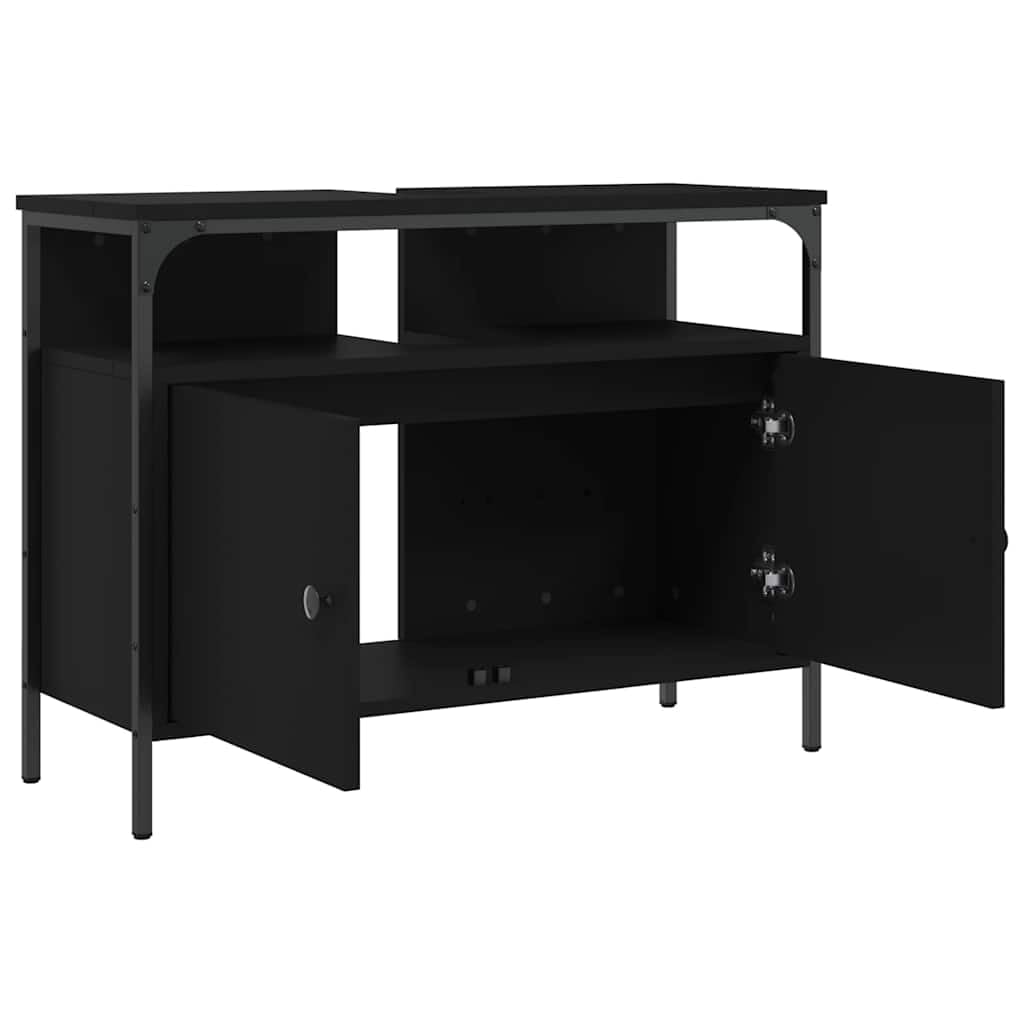 Waschbeckenunterschrank Schwarz 80x30x60 cm Holzwerkstoff, pulverbeschichtetes Stahl Gestell, mit Schublade, Siphon Öffnung 8x20 cm, platzsparender Bad Waschtisch Stauraum