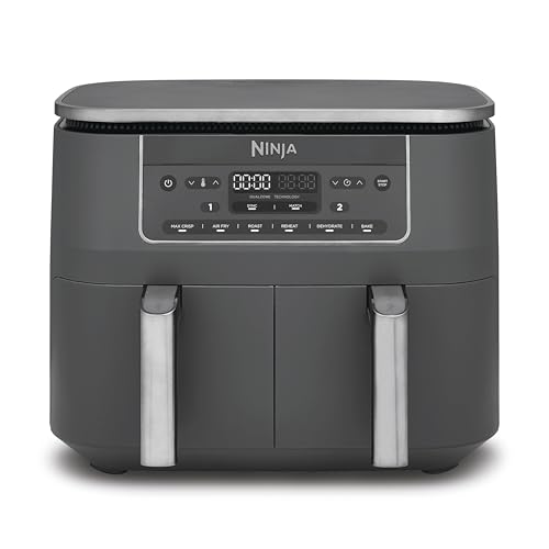 Ninja Air Fryer Dual Zone numérique, Friteuse à air électrique, 2 compartiments, 7,6 L, 6-en-1, Friteuse sans huile, Croustillant max, Rôtir, Cuire au four, Déshydrater, Réchauffer, Gris métal DZ300EU