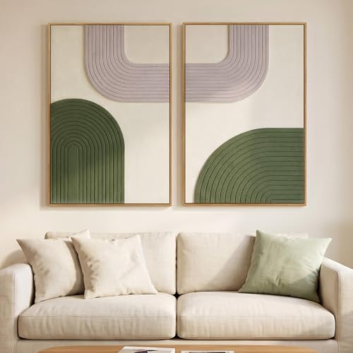 Framed 3D Textured Green Beige Abstract Wall Art Decor Set of 2, 24x36 In