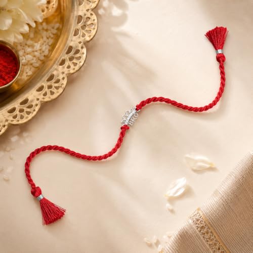 Image of AIRA 925 Sterling Silver Premium Designer Bracelet Rakhi for Brother | Handmade Raksha Bandhan Sacred Thread with Silver-Tone Geometric Charm & Adjustable Red Braided Cord | Traditional Festival Rakhi Gift