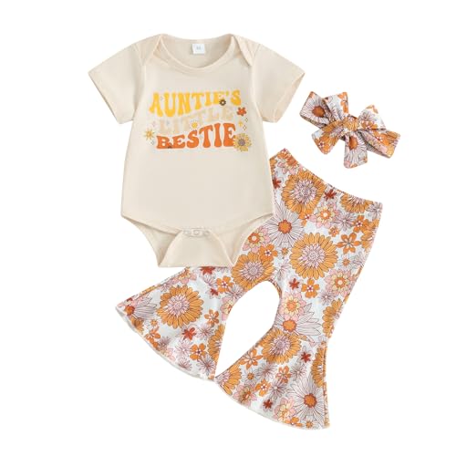 Newborn Baby Girl Summer Outfits Auntie's Little Bestie Romper Floral Flared Pants Headband 3Pcs Clothes Set (A-Apricot, 0-3 Months)
