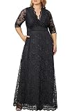 Kiyonna Women's Plus Size Maria Lace Evening Gown | Long Formal Dress with Sleeves | Wedding Guest, Mother of The Bride/Groom, Special Occasions | Black Size 2X (18-20)