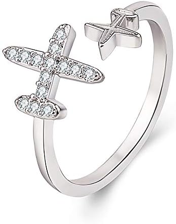 Eiffy Double Cubic Zircon Plane Aircraft Airplane Finger Ring Travel Trip Adjustable Open Finger Ring Jewelry